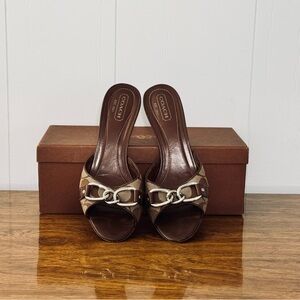 COACH Brown Signature Slide Mules with Silver Chain Accent Vintage